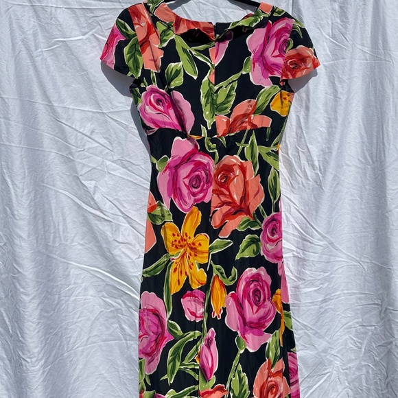 Vintage 90s Floral 100% Silk Midi Dress with Floral Rosette Bias Cut - Picture 5 of 6